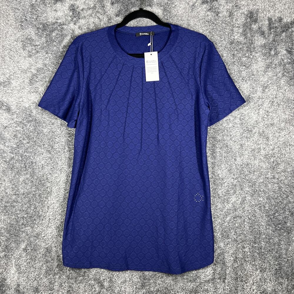 Zanzea Tunic Womens L Blue Lace Pleated Crew Neck Short Sleeve Stretch
